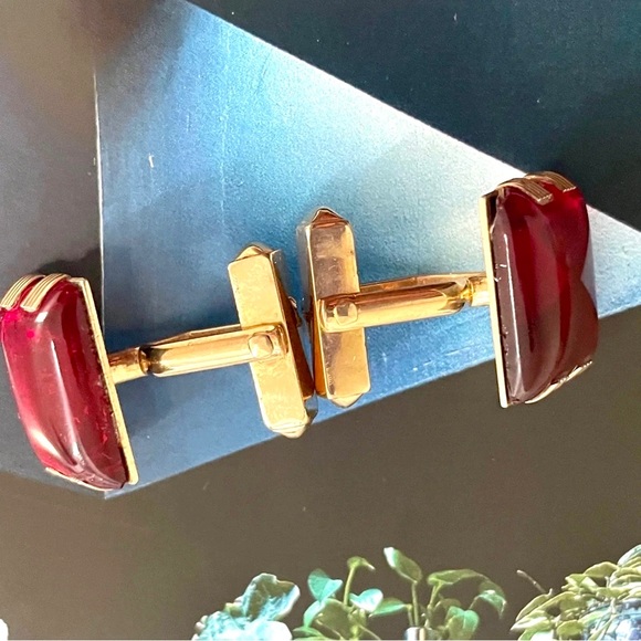 12K YELLOW GOLD FILLED Vintage Swank Gold Filled Cuff Links Carnelian Glass - Picture 2 of 8